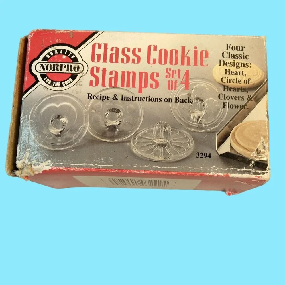 Norpro Glass Cookie Stamps 4 Classic Designs Heart Circle Daisy Flower